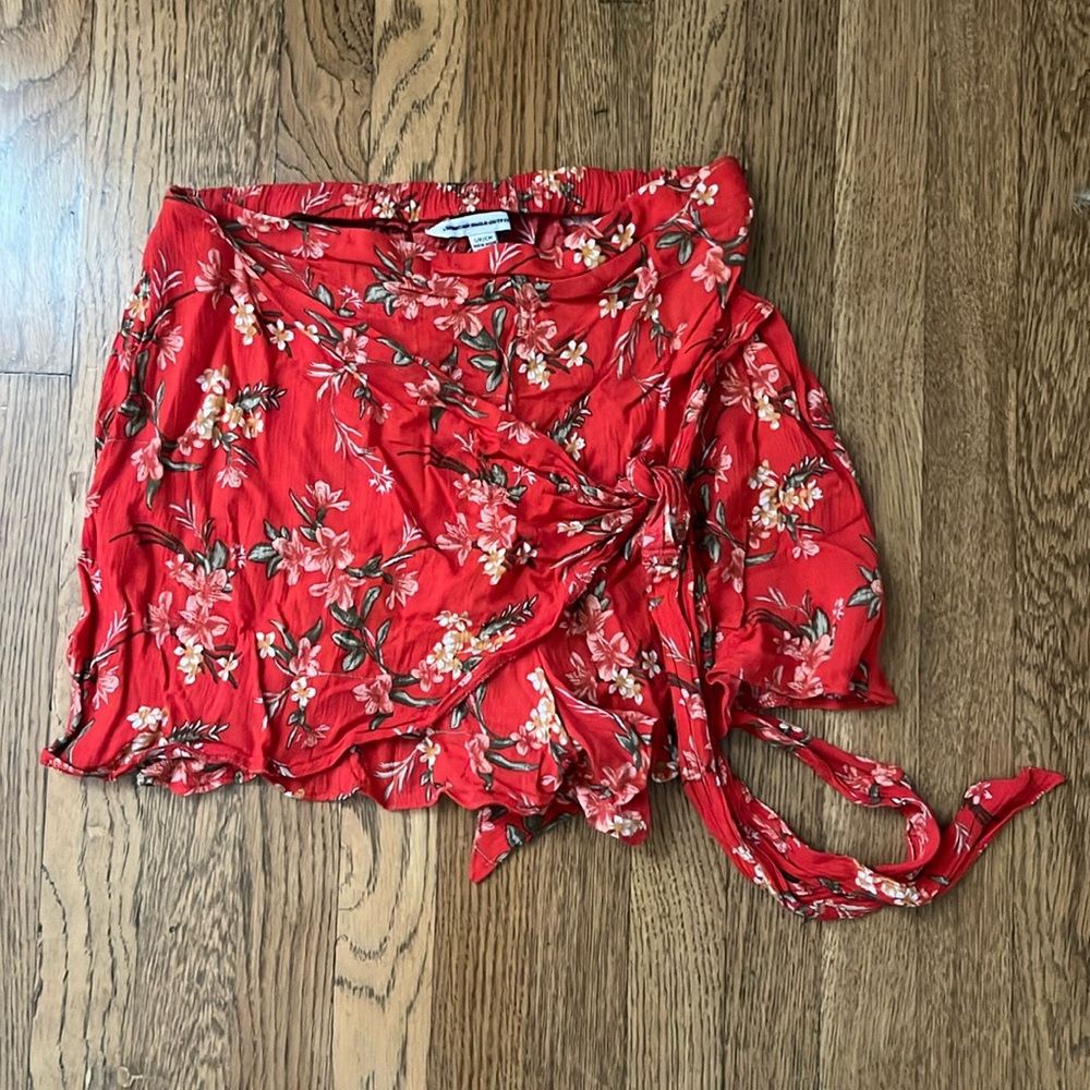 American Eagle Outfitters Red Floral Wrap Skort